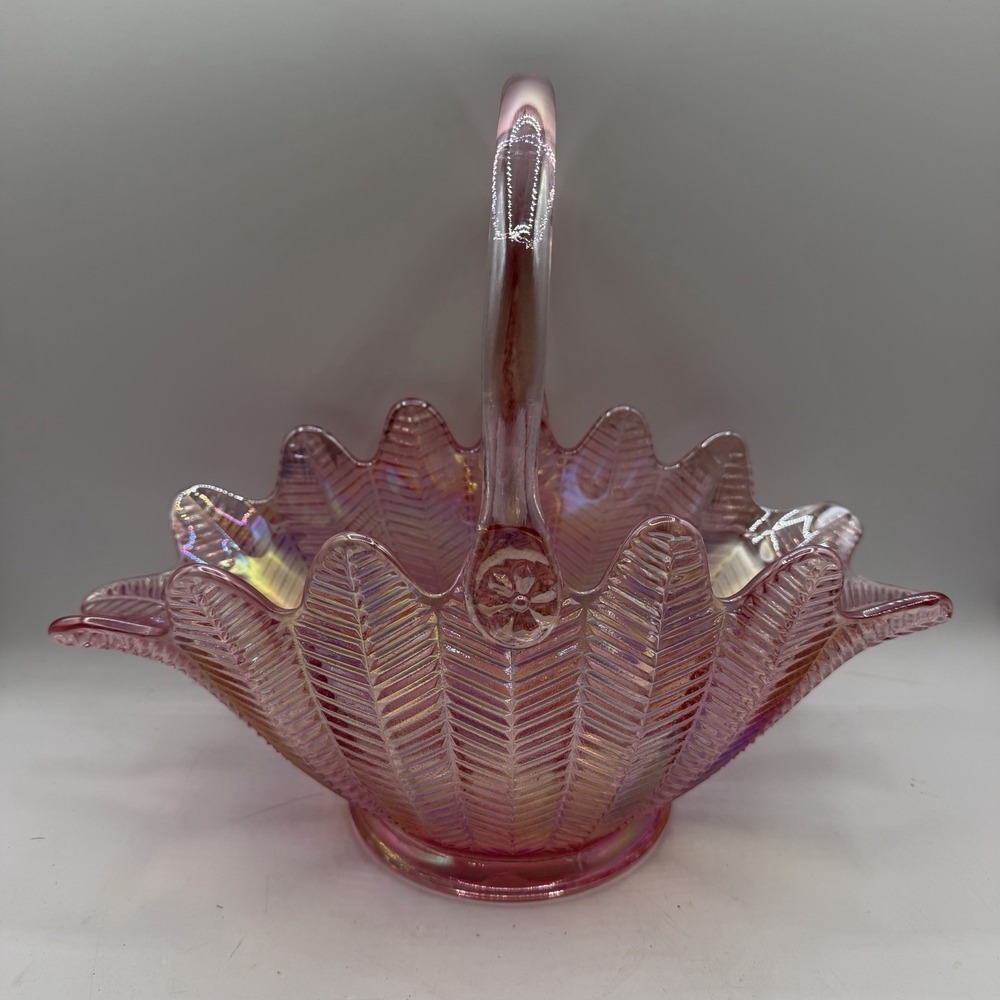Vintage LE Smith Pink Luster Carnival Glass Basket Herringbone Feather Fern 11"